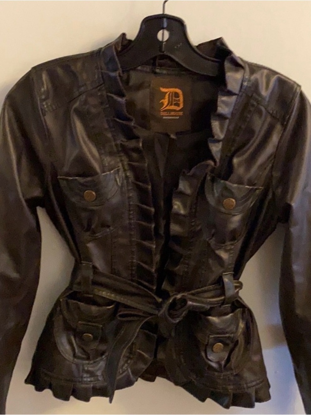 Dollhouse Black Faux Leather Ruffle-Belt Jacket